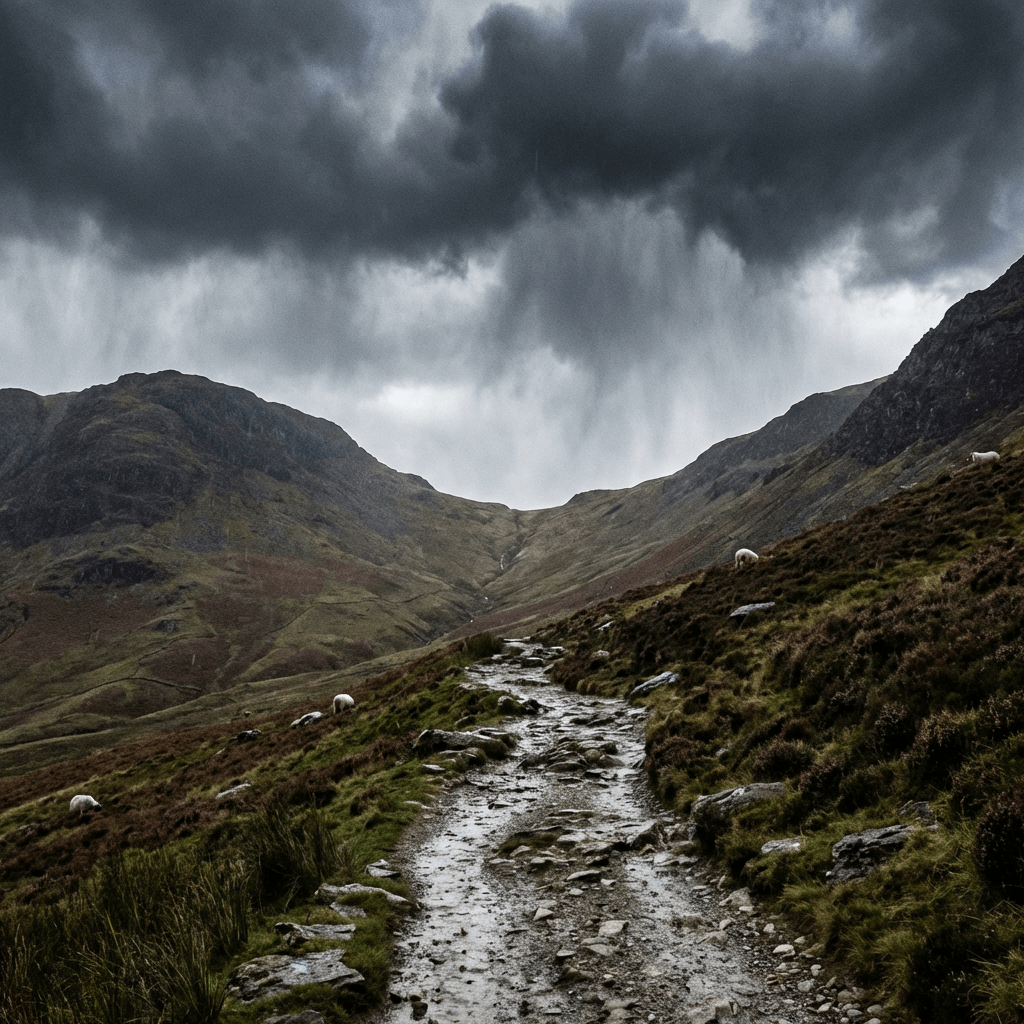 Rocky path through green mountains under dark, rainy storm clouds with scattered sheep.