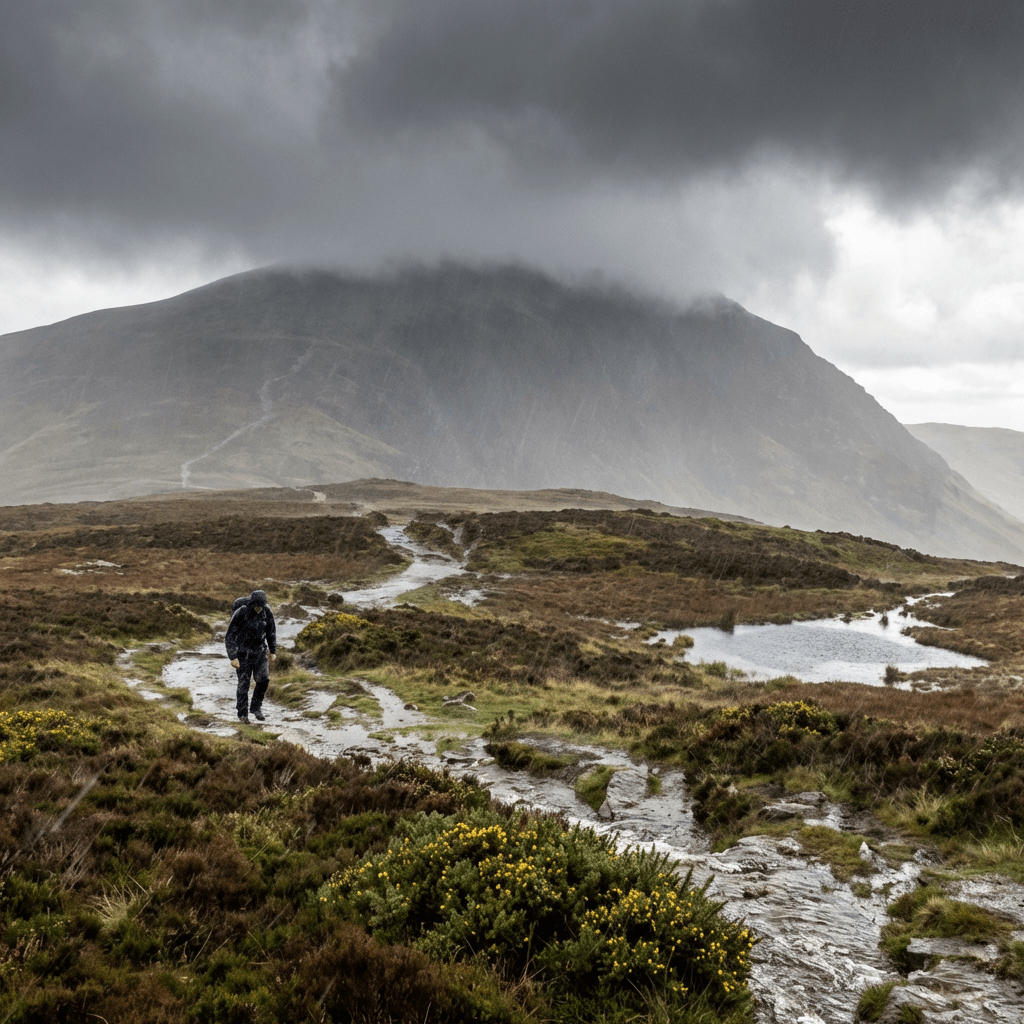 A lone hiker in rain gear walks along a muddy trail towards a misty mountain.