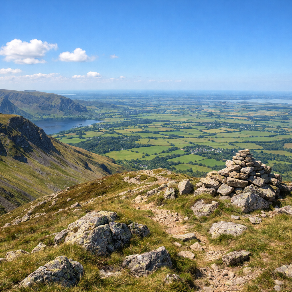 View from mountain summit with rocky path, stacked stones, green farmland, and distant lake