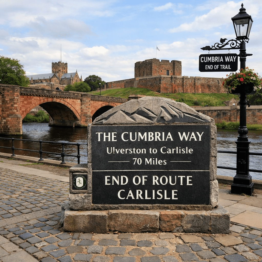 Stone marker reading The Cumbria Way Ulverston to Carlisle 70 miles End of route Carlisle by a river with historic buildings